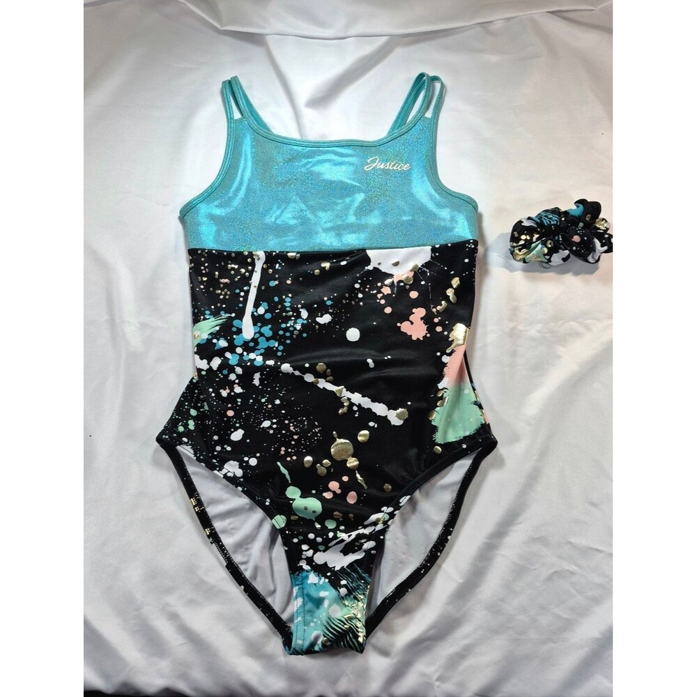 NWOT Justice Girls XL 16/18 Shimmer Splatter Swim/Gym Leotard & Scrunchie Set
